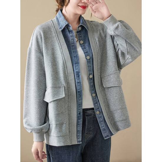 Casual False Two Loose Buttoned Contrast Color Split-Joint Lapel Collar Outerwear Casual False Two Loose Buttoned Contrast Color Split-Joint Lapel Collar Outerwear