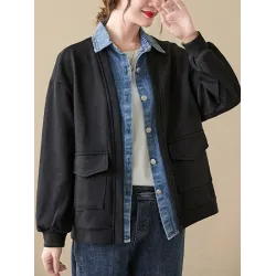 Casual False Two Loose Buttoned Contrast Color Split-Joint Lapel Collar Outerwear