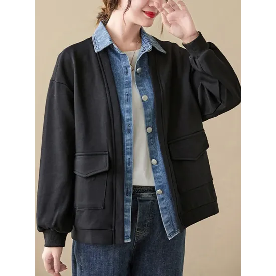 Casual False Two Loose Buttoned Contrast Color Split-Joint Lapel Collar Outerwear Casual False Two Loose Buttoned Contrast Color Split-Joint Lapel Collar Outerwear