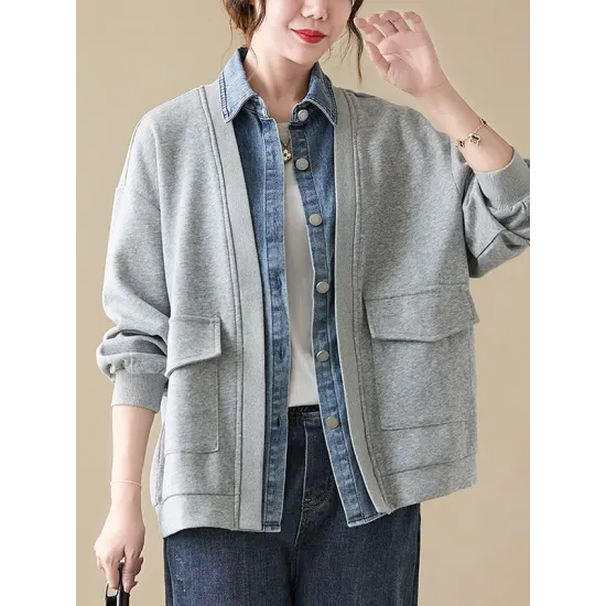 Casual False Two Loose Buttoned Contrast Color Split-Joint Lapel Collar Outerwear Casual False Two Loose Buttoned Contrast Color Split-Joint Lapel Collar Outerwear