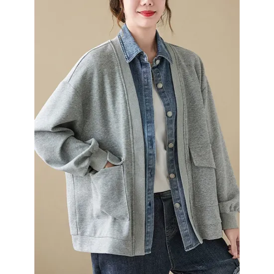 Casual False Two Loose Buttoned Contrast Color Split-Joint Lapel Collar Outerwear Casual False Two Loose Buttoned Contrast Color Split-Joint Lapel Collar Outerwear