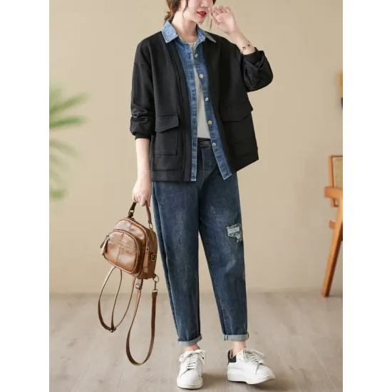 Casual False Two Loose Buttoned Contrast Color Split-Joint Lapel Collar Outerwear Casual False Two Loose Buttoned Contrast Color Split-Joint Lapel Collar Outerwear