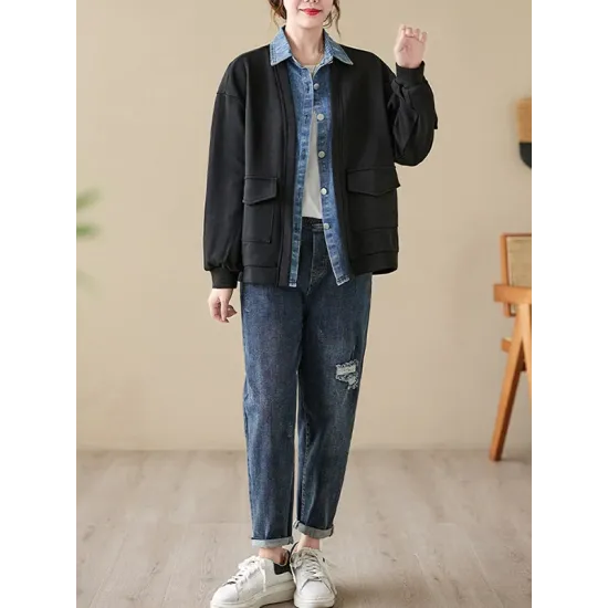 Casual False Two Loose Buttoned Contrast Color Split-Joint Lapel Collar Outerwear Casual False Two Loose Buttoned Contrast Color Split-Joint Lapel Collar Outerwear