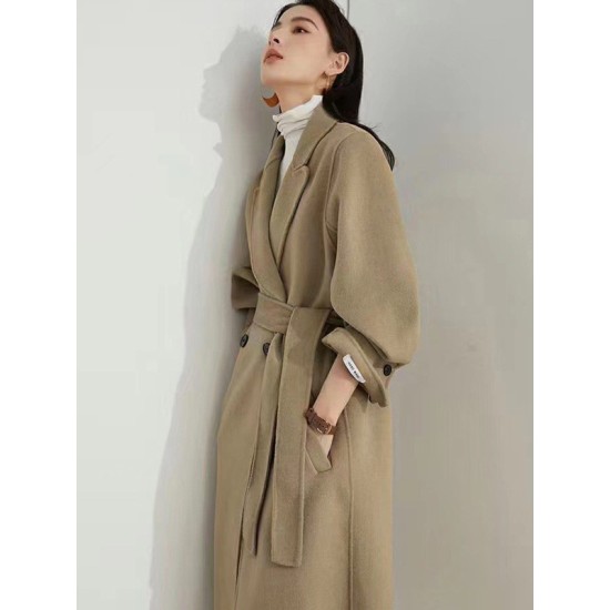 Office Belted Solid Color Notched Collar Wool Overcoat Office Belted Solid Color Notched Collar Wool Overcoat