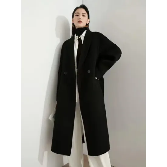Office Belted Solid Color Notched Collar Wool Overcoat Office Belted Solid Color Notched Collar Wool Overcoat
