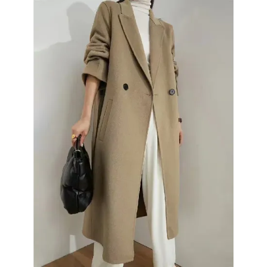 Office Belted Solid Color Notched Collar Wool Overcoat Office Belted Solid Color Notched Collar Wool Overcoat
