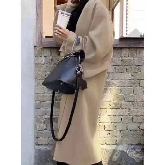 Office Belted Solid Color Notched Collar Wool Overcoat Office Belted Solid Color Notched Collar Wool Overcoat