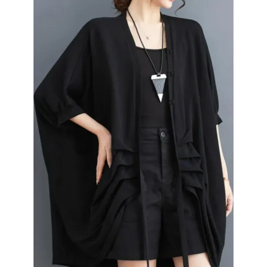 Drawstring Solid Color Half Sleeves Irregular Clipping V-Neck Outerwear Drawstring Solid Color Half Sleeves Irregular Clipping V-Neck Outerwear