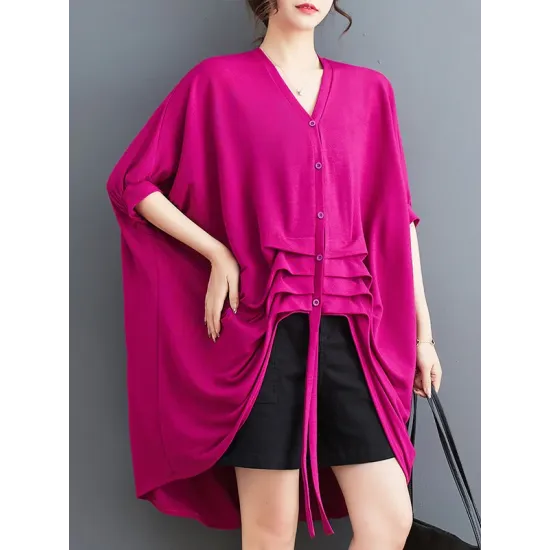 Drawstring Solid Color Half Sleeves Irregular Clipping V-Neck Outerwear Drawstring Solid Color Half Sleeves Irregular Clipping V-Neck Outerwear