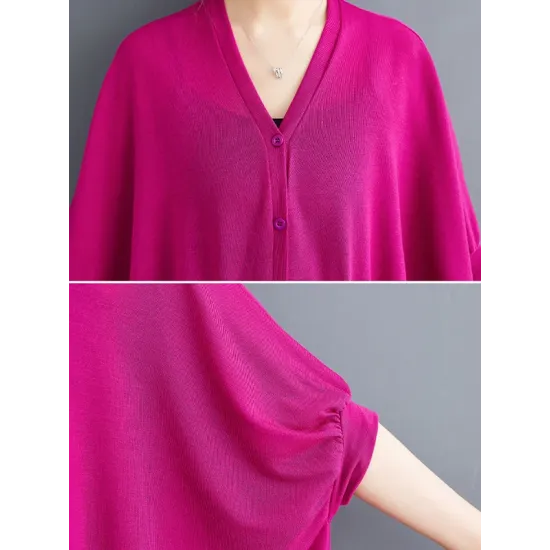 Drawstring Solid Color Half Sleeves Irregular Clipping V-Neck Outerwear Drawstring Solid Color Half Sleeves Irregular Clipping V-Neck Outerwear