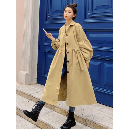 Casual Lose Tied Buttoned High-Waist Notched Collar Long Bishop Sleeves Trench Coat Casual Lose Tied Buttoned High-Waist Notched Collar Long Bishop Sleeves Trench Coat