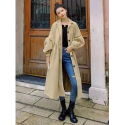 Casual Lose Tied Buttoned High-Waist Notched Collar Long Bishop Sleeves Trench Coat