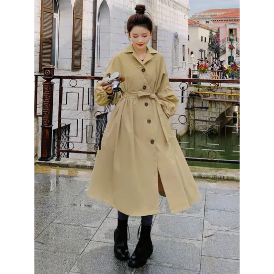 Casual Lose Tied Buttoned High-Waist Notched Collar Long Bishop Sleeves Trench Coat Casual Lose Tied Buttoned High-Waist Notched Collar Long Bishop Sleeves Trench Coat