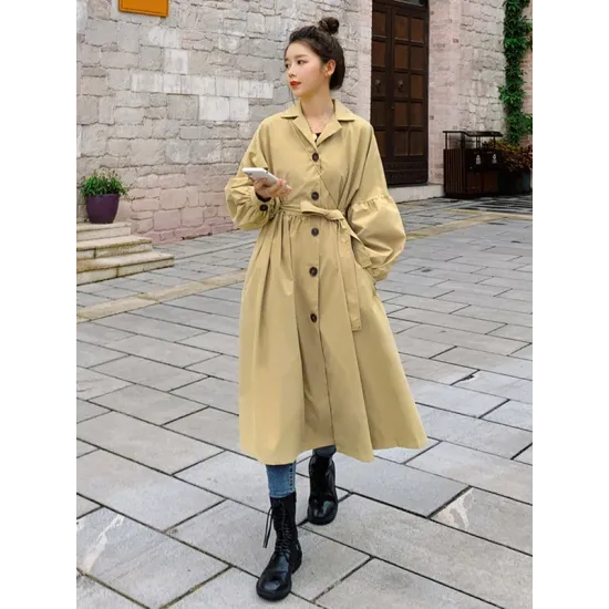 Casual Lose Tied Buttoned High-Waist Notched Collar Long Bishop Sleeves Trench Coat Casual Lose Tied Buttoned High-Waist Notched Collar Long Bishop Sleeves Trench Coat