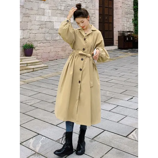 Casual Lose Tied Buttoned High-Waist Notched Collar Long Bishop Sleeves Trench Coat Casual Lose Tied Buttoned High-Waist Notched Collar Long Bishop Sleeves Trench Coat