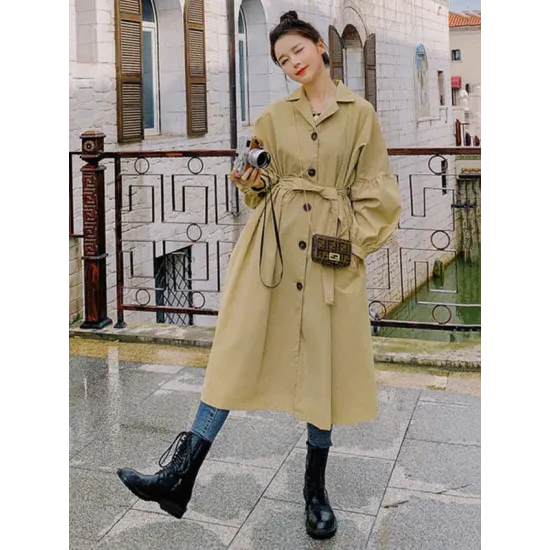 Casual Lose Tied Buttoned High-Waist Notched Collar Long Bishop Sleeves Trench Coat Casual Lose Tied Buttoned High-Waist Notched Collar Long Bishop Sleeves Trench Coat