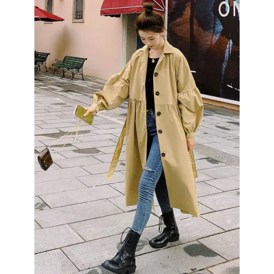Casual Lose Tied Buttoned High-Waist Notched Collar Long Bishop Sleeves Trench Coat Casual Lose Tied Buttoned High-Waist Notched Collar Long Bishop Sleeves Trench Coat