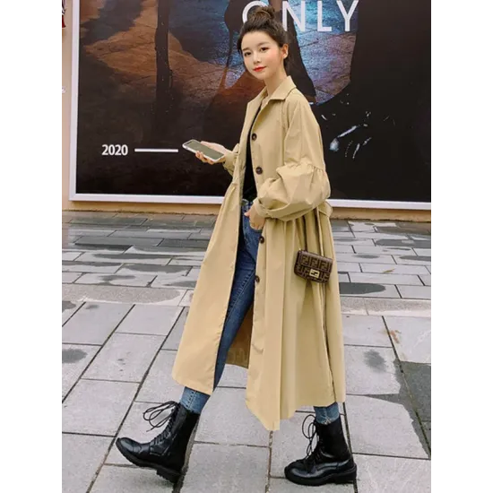 Casual Lose Tied Buttoned High-Waist Notched Collar Long Bishop Sleeves Trench Coat Casual Lose Tied Buttoned High-Waist Notched Collar Long Bishop Sleeves Trench Coat