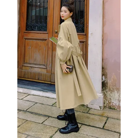 Casual Lose Tied Buttoned High-Waist Notched Collar Long Bishop Sleeves Trench Coat Casual Lose Tied Buttoned High-Waist Notched Collar Long Bishop Sleeves Trench Coat
