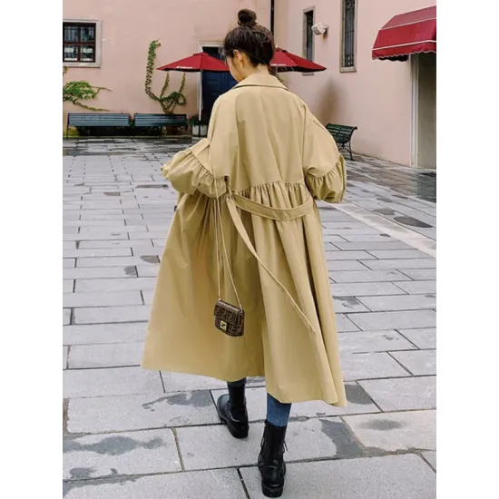 Casual Lose Tied Buttoned High-Waist Notched Collar Long Bishop Sleeves Trench Coat Casual Lose Tied Buttoned High-Waist Notched Collar Long Bishop Sleeves Trench Coat
