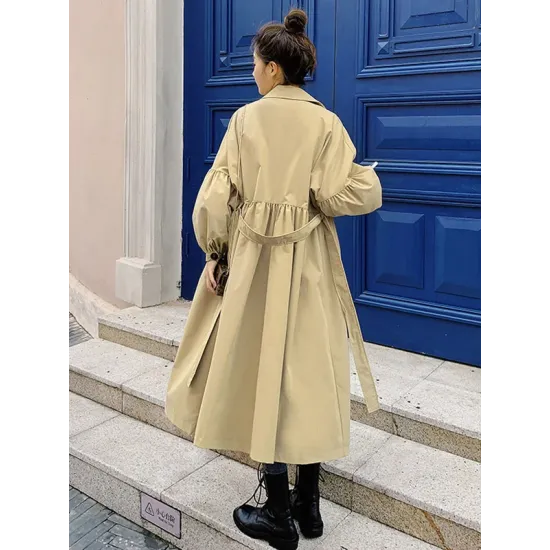 Casual Lose Tied Buttoned High-Waist Notched Collar Long Bishop Sleeves Trench Coat Casual Lose Tied Buttoned High-Waist Notched Collar Long Bishop Sleeves Trench Coat