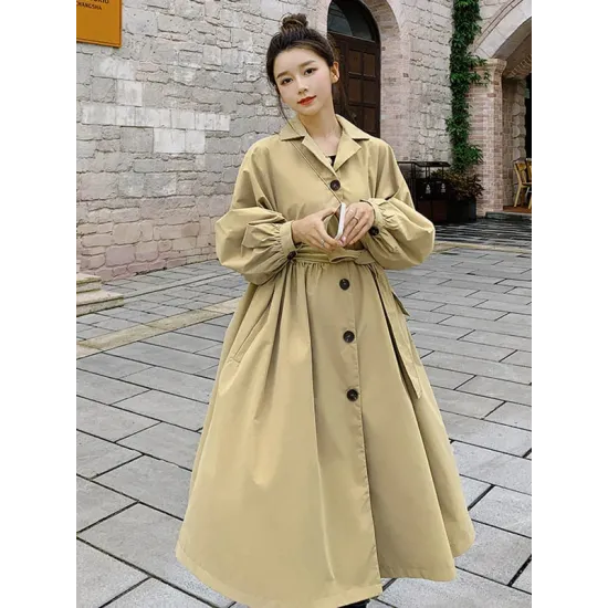 Casual Lose Tied Buttoned High-Waist Notched Collar Long Bishop Sleeves Trench Coat Casual Lose Tied Buttoned High-Waist Notched Collar Long Bishop Sleeves Trench Coat
