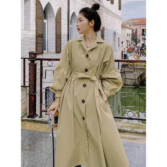 Casual Lose Tied Buttoned High-Waist Notched Collar Long Bishop Sleeves Trench Coat Casual Lose Tied Buttoned High-Waist Notched Collar Long Bishop Sleeves Trench Coat