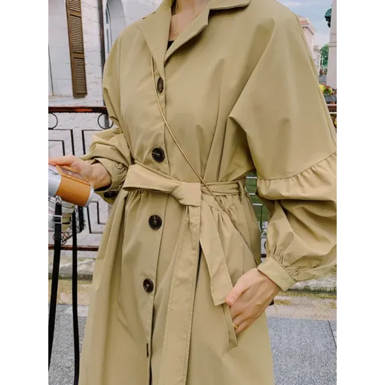 Casual Lose Tied Buttoned High-Waist Notched Collar Long Bishop Sleeves Trench Coat Casual Lose Tied Buttoned High-Waist Notched Collar Long Bishop Sleeves Trench Coat