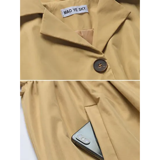 Casual Lose Tied Buttoned High-Waist Notched Collar Long Bishop Sleeves Trench Coat Casual Lose Tied Buttoned High-Waist Notched Collar Long Bishop Sleeves Trench Coat
