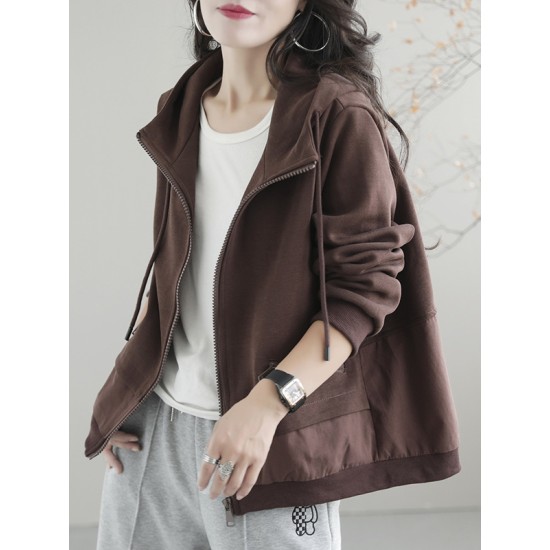 Artistic Retro Loose Long Sleeves Solid Color Zipper Hooded Outerwear Artistic Retro Loose Long Sleeves Solid Color Zipper Hooded Outerwear