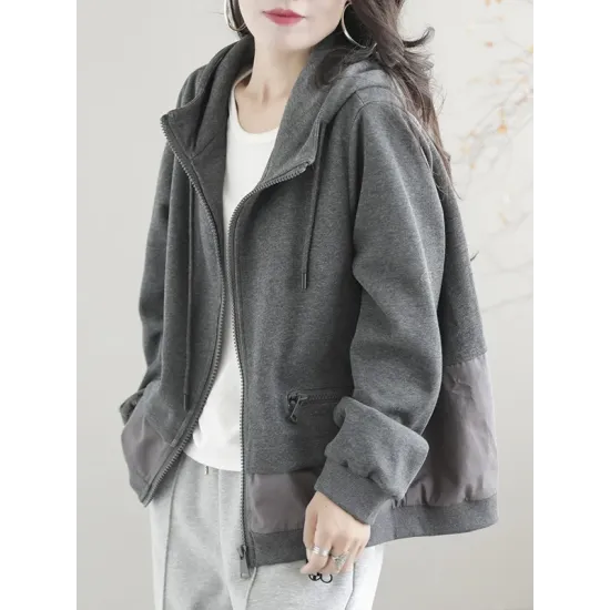 Artistic Retro Loose Long Sleeves Solid Color Zipper Hooded Outerwear Artistic Retro Loose Long Sleeves Solid Color Zipper Hooded Outerwear