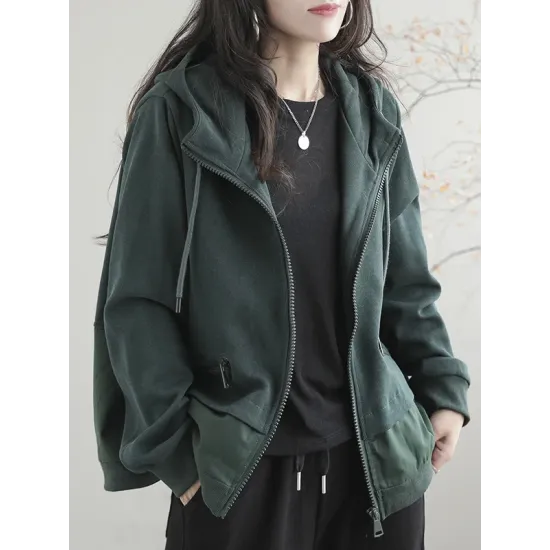Artistic Retro Loose Long Sleeves Solid Color Zipper Hooded Outerwear Artistic Retro Loose Long Sleeves Solid Color Zipper Hooded Outerwear