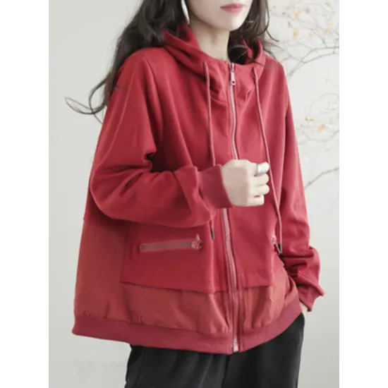 Artistic Retro Loose Long Sleeves Solid Color Zipper Hooded Outerwear Artistic Retro Loose Long Sleeves Solid Color Zipper Hooded Outerwear