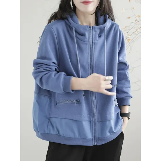 Artistic Retro Loose Long Sleeves Solid Color Zipper Hooded Outerwear Artistic Retro Loose Long Sleeves Solid Color Zipper Hooded Outerwear