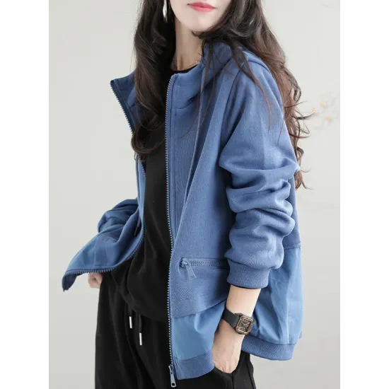 Artistic Retro Loose Long Sleeves Solid Color Zipper Hooded Outerwear Artistic Retro Loose Long Sleeves Solid Color Zipper Hooded Outerwear