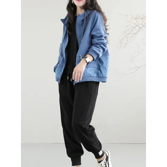Artistic Retro Loose Long Sleeves Solid Color Zipper Hooded Outerwear Artistic Retro Loose Long Sleeves Solid Color Zipper Hooded Outerwear