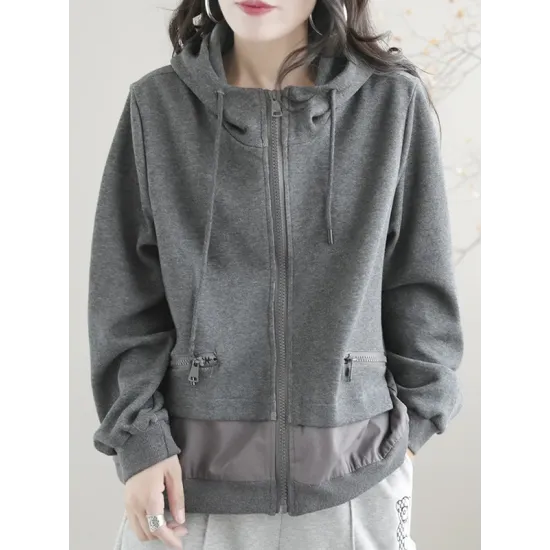 Artistic Retro Loose Long Sleeves Solid Color Zipper Hooded Outerwear Artistic Retro Loose Long Sleeves Solid Color Zipper Hooded Outerwear