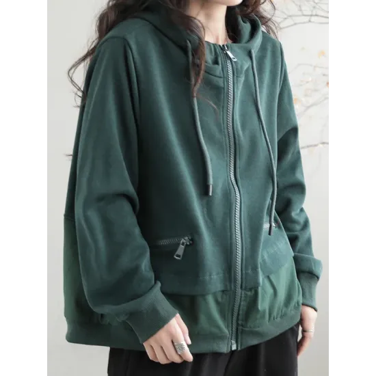 Artistic Retro Loose Long Sleeves Solid Color Zipper Hooded Outerwear Artistic Retro Loose Long Sleeves Solid Color Zipper Hooded Outerwear