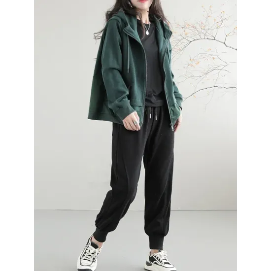 Artistic Retro Loose Long Sleeves Solid Color Zipper Hooded Outerwear Artistic Retro Loose Long Sleeves Solid Color Zipper Hooded Outerwear
