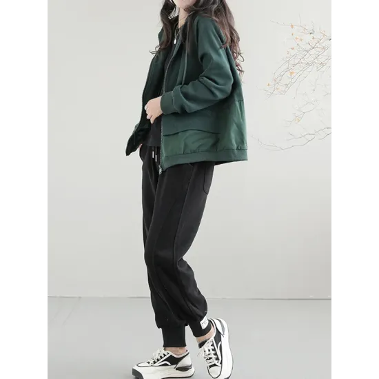 Artistic Retro Loose Long Sleeves Solid Color Zipper Hooded Outerwear Artistic Retro Loose Long Sleeves Solid Color Zipper Hooded Outerwear