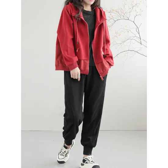 Artistic Retro Loose Long Sleeves Solid Color Zipper Hooded Outerwear Artistic Retro Loose Long Sleeves Solid Color Zipper Hooded Outerwear