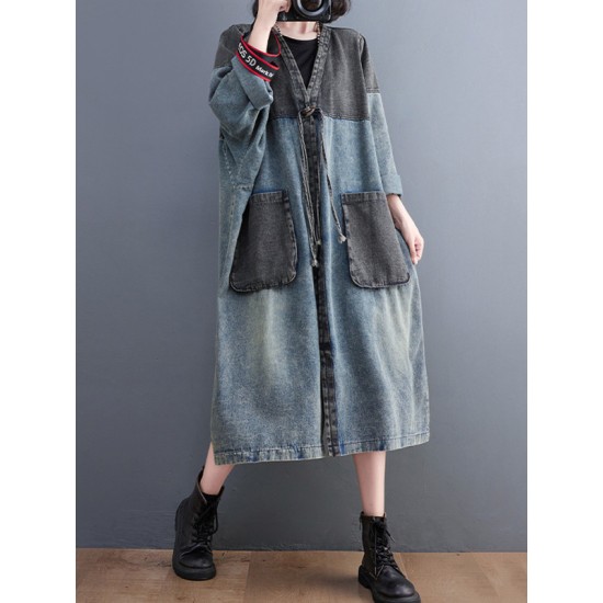 Artistic Retro Denim Long Sleeves Loose Tied Split-Joint Trench Outerwear Artistic Retro Denim Long Sleeves Loose Tied Split-Joint Trench Outerwear