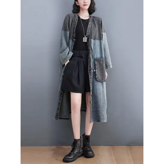 Artistic Retro Denim Long Sleeves Loose Tied Split-Joint Trench Outerwear Artistic Retro Denim Long Sleeves Loose Tied Split-Joint Trench Outerwear