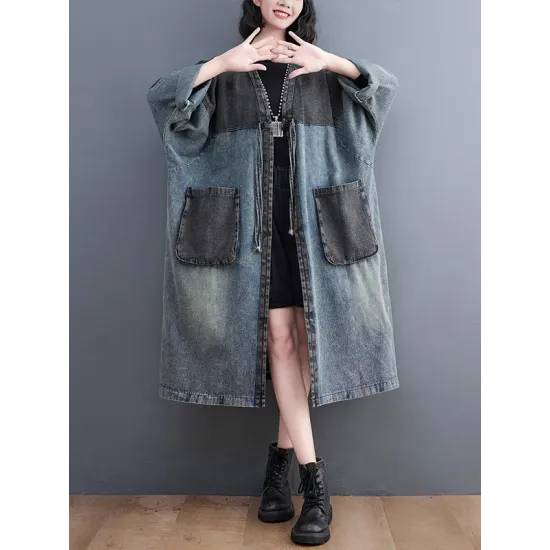 Artistic Retro Denim Long Sleeves Loose Tied Split-Joint Trench Outerwear Artistic Retro Denim Long Sleeves Loose Tied Split-Joint Trench Outerwear