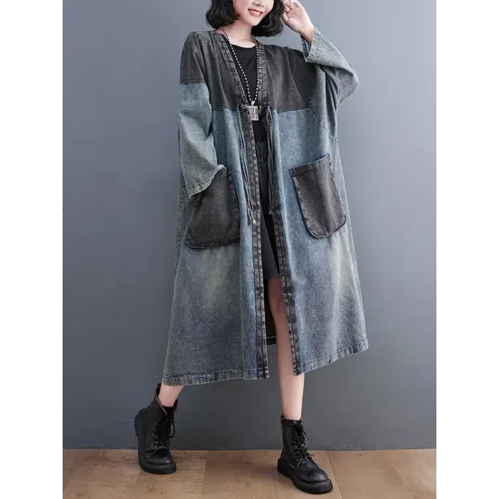 Artistic Retro Denim Long Sleeves Loose Tied Split-Joint Trench Outerwear Artistic Retro Denim Long Sleeves Loose Tied Split-Joint Trench Outerwear