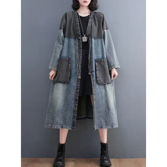 Artistic Retro Denim Long Sleeves Loose Tied Split-Joint Trench Outerwear Artistic Retro Denim Long Sleeves Loose Tied Split-Joint Trench Outerwear
