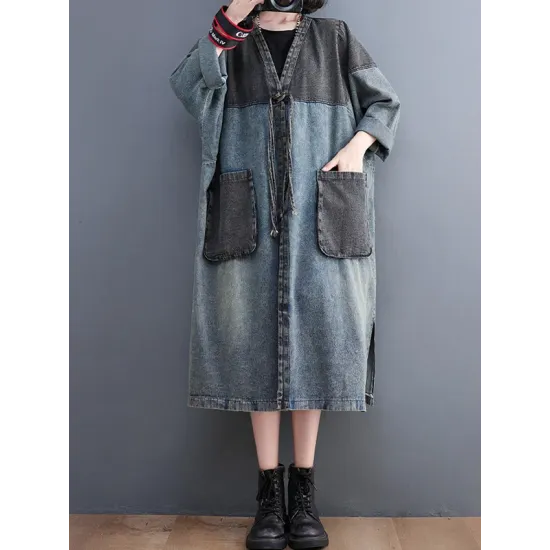 Artistic Retro Denim Long Sleeves Loose Tied Split-Joint Trench Outerwear Artistic Retro Denim Long Sleeves Loose Tied Split-Joint Trench Outerwear