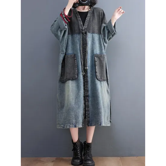 Artistic Retro Denim Long Sleeves Loose Tied Split-Joint Trench Outerwear Artistic Retro Denim Long Sleeves Loose Tied Split-Joint Trench Outerwear