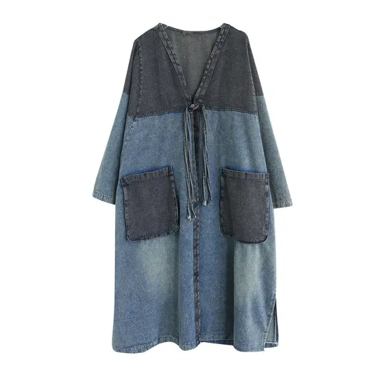 Artistic Retro Denim Long Sleeves Loose Tied Split-Joint Trench Outerwear Artistic Retro Denim Long Sleeves Loose Tied Split-Joint Trench Outerwear