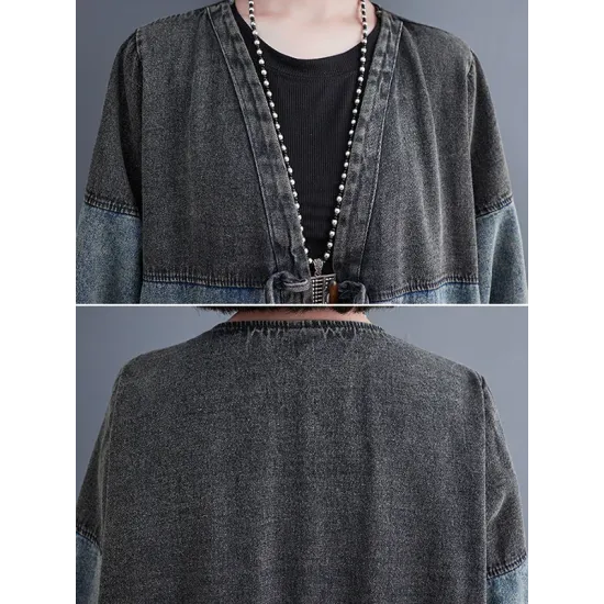 Artistic Retro Denim Long Sleeves Loose Tied Split-Joint Trench Outerwear Artistic Retro Denim Long Sleeves Loose Tied Split-Joint Trench Outerwear